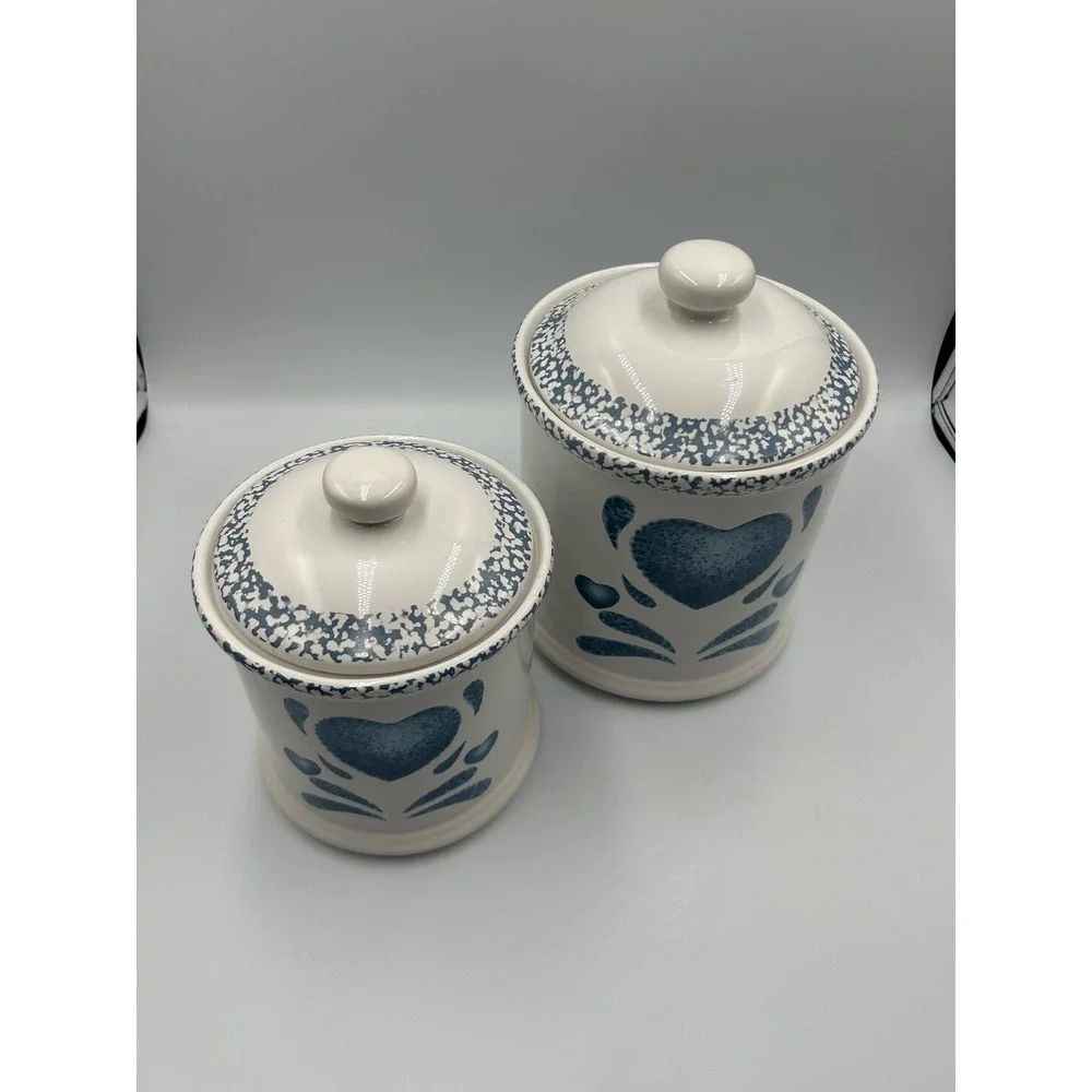 Jay Ceramic Canister Set 2pc Blue Sponge Heart White Farmhouse Kitchen Jars